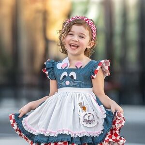 Kids Blue and White Ratatouille Dress with Red Accents